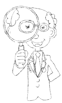
	A hand drawn illustration depicts a happy, balding doctor looking
	toward the viewer through a magnifying glass.
	The magnifying glass distorts a portion of the doctors face,
	making it look bigger.